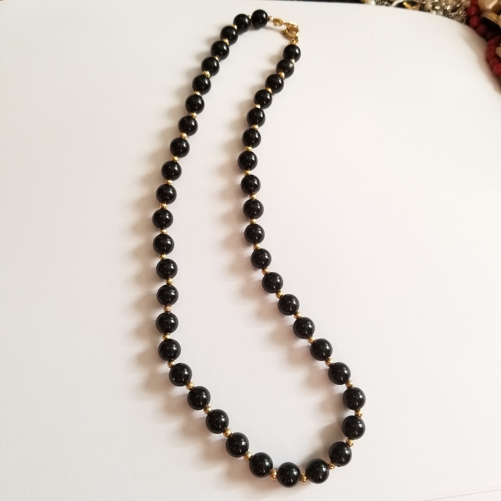 Vintage necklace black beads necklace gold tone retro - Picture 4 of 12